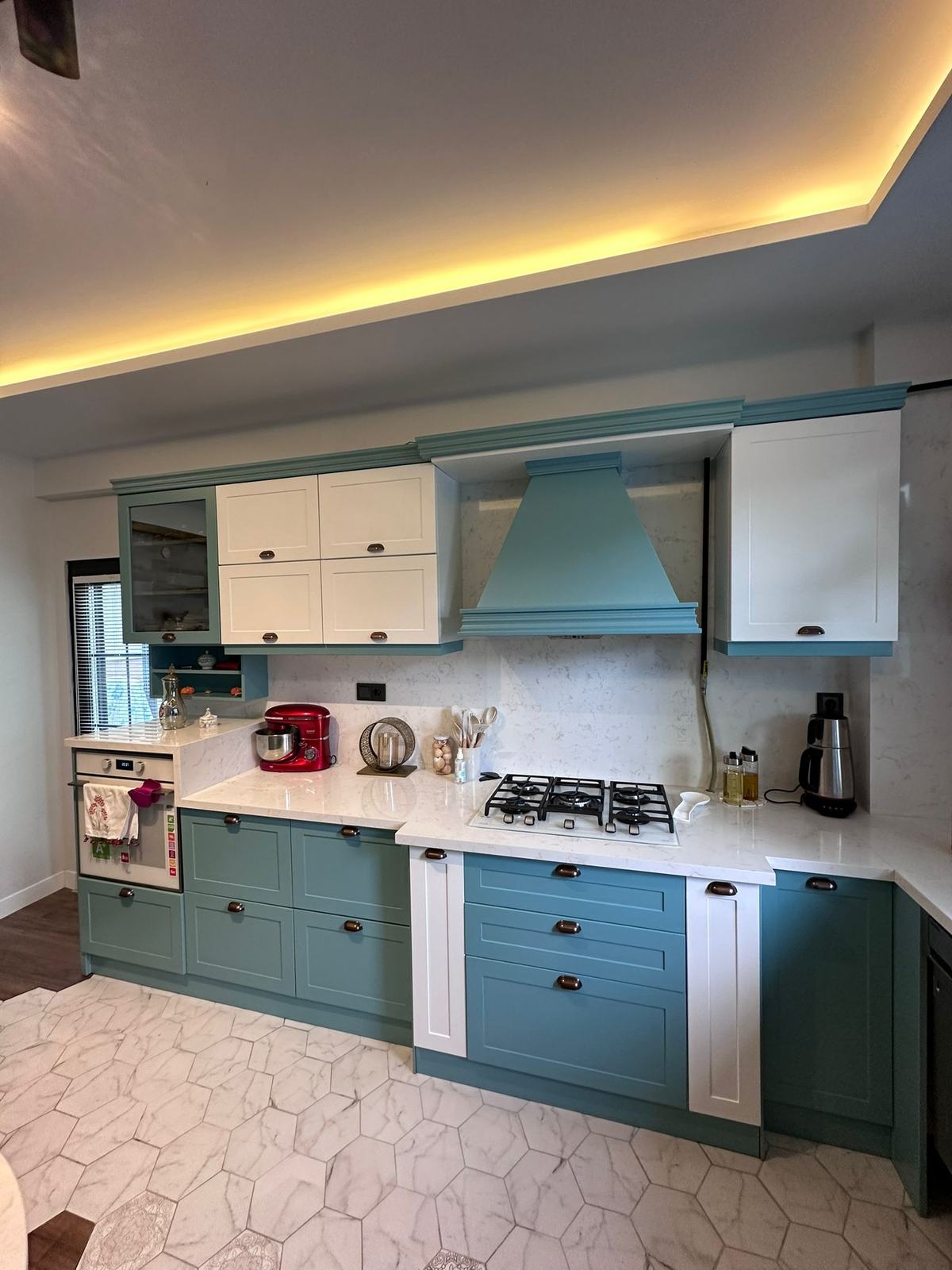 Green and White Kitchen Cabinets