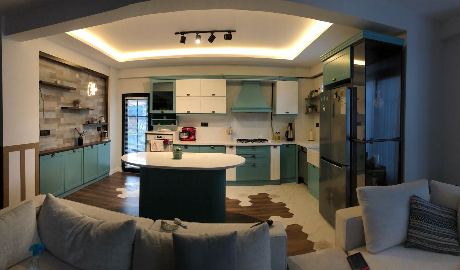 Green and White Kitchen Cabinets