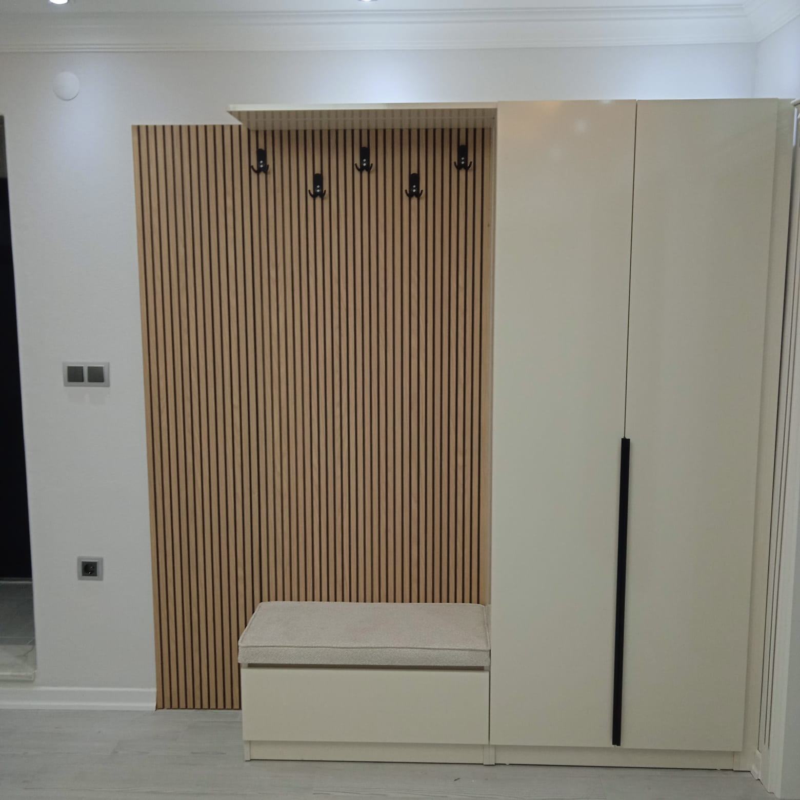White Coat Rack Cabinet with Wood Details