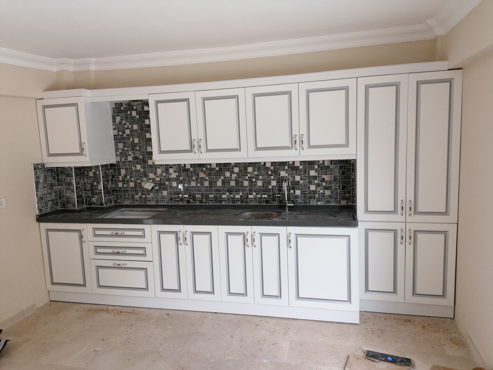 Gray Framed Kitchen Cabinet