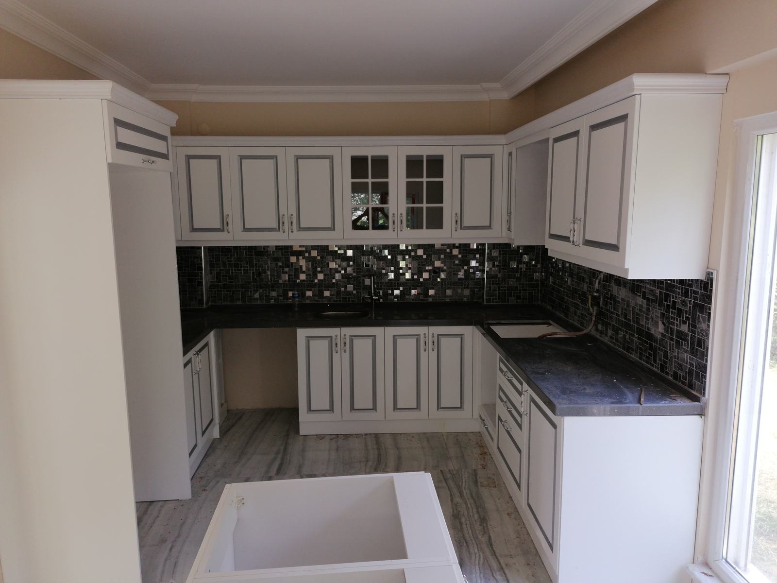 Gray Framed Kitchen Cabinet