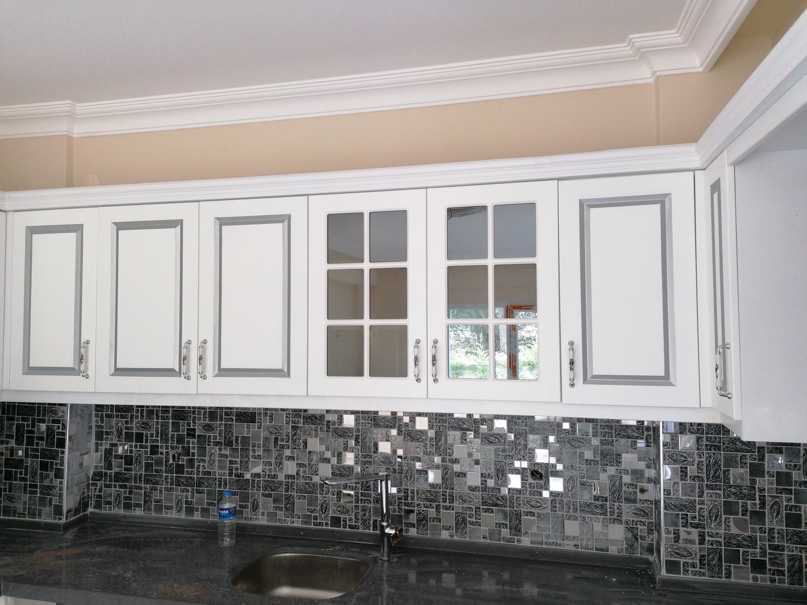 Gray Framed Kitchen Cabinet