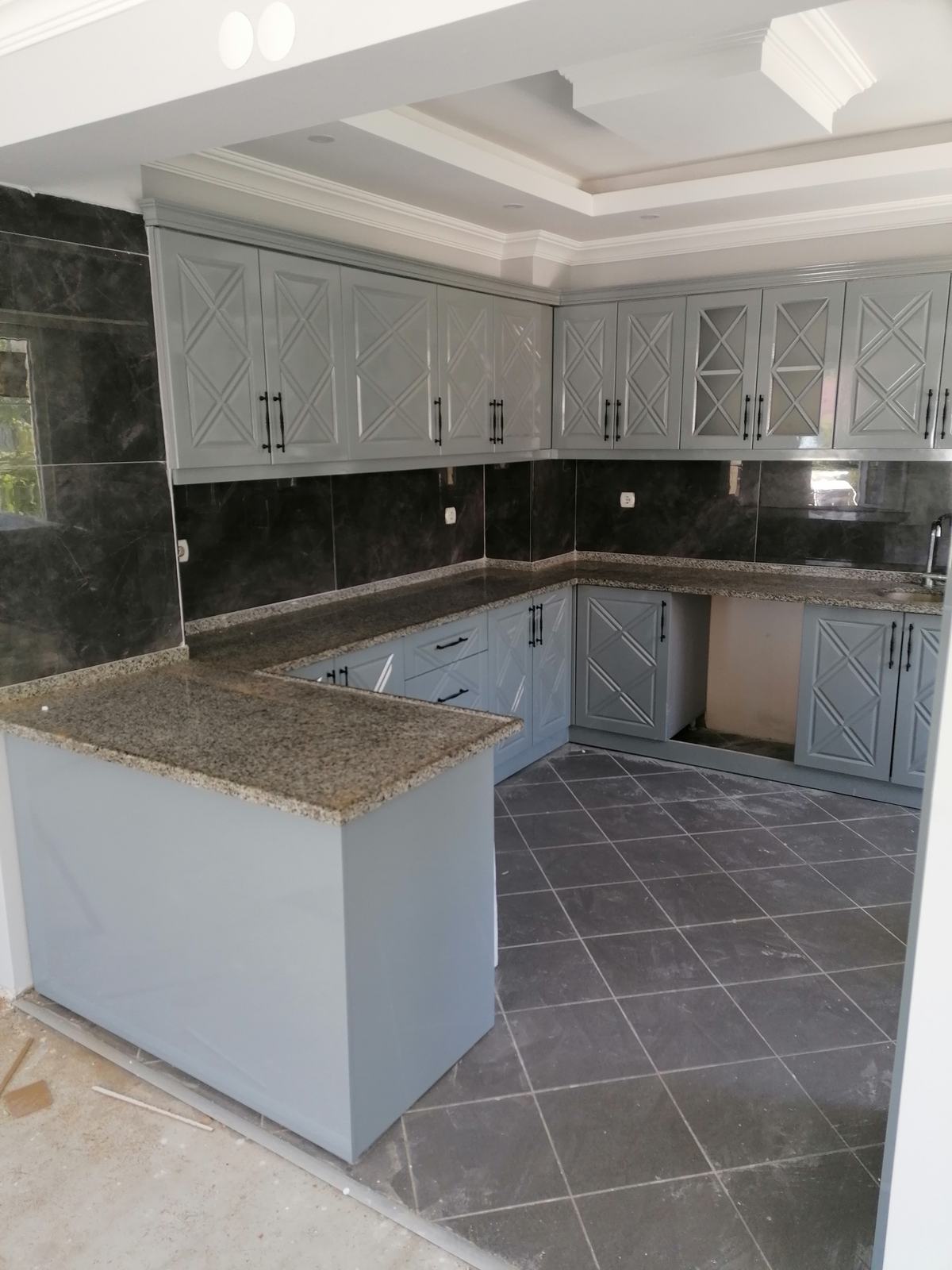 Gray and Embroidered Kitchen Cabinet