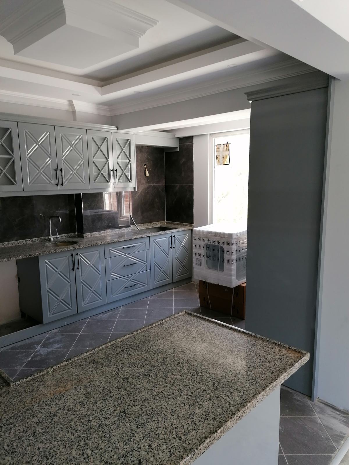 Gray and Embroidered Kitchen Cabinet