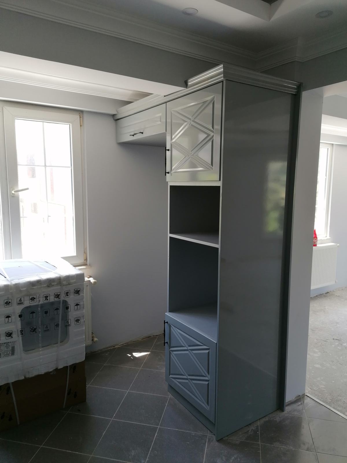 Gray and Embroidered Kitchen Cabinet