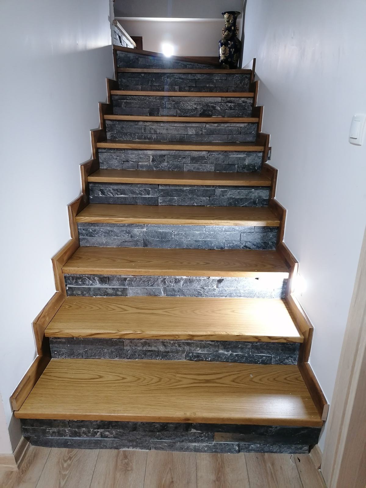 Staircase with Wooden Railing
