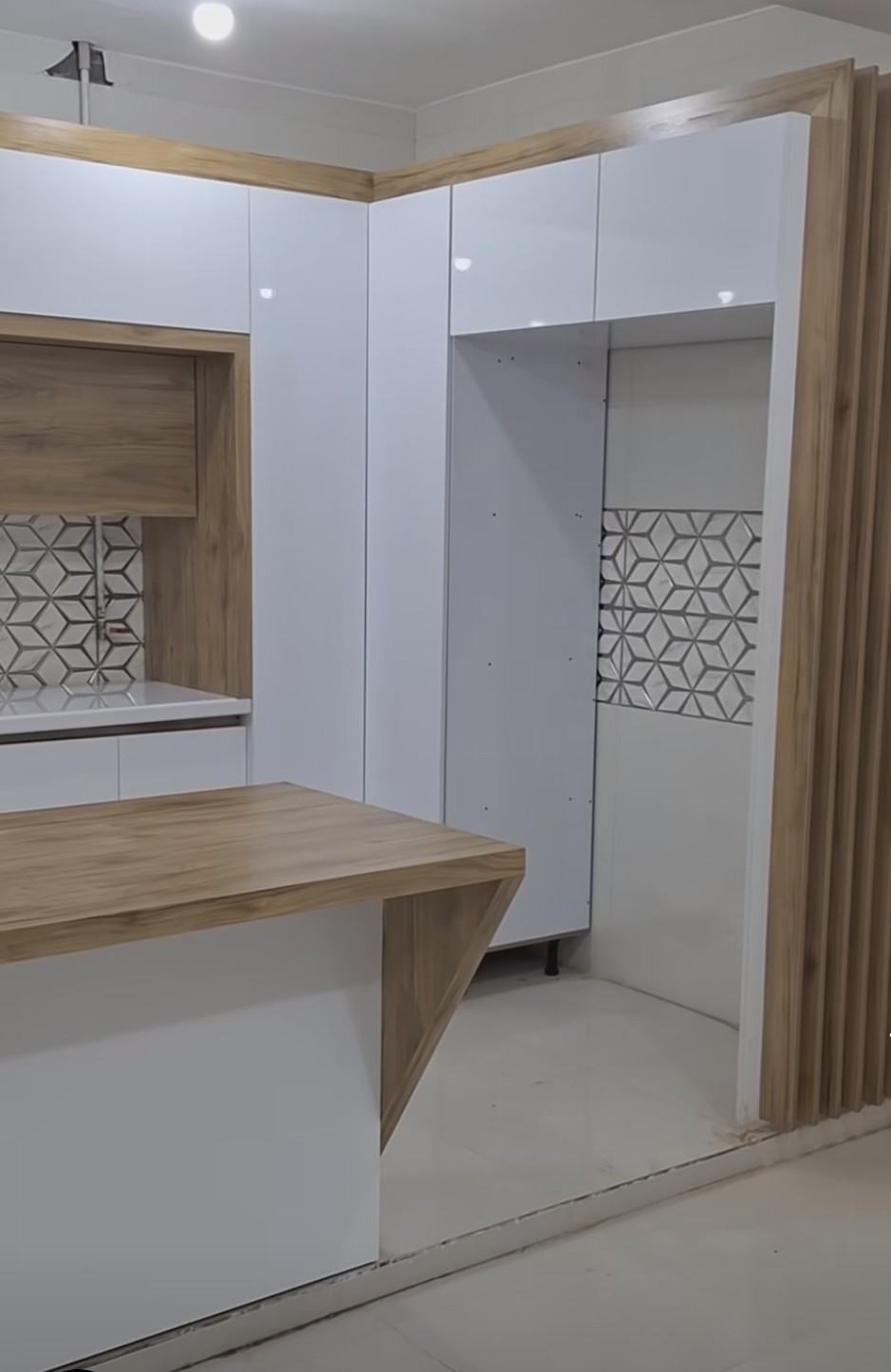 White and Wood Detailed Kitchen Cabinets