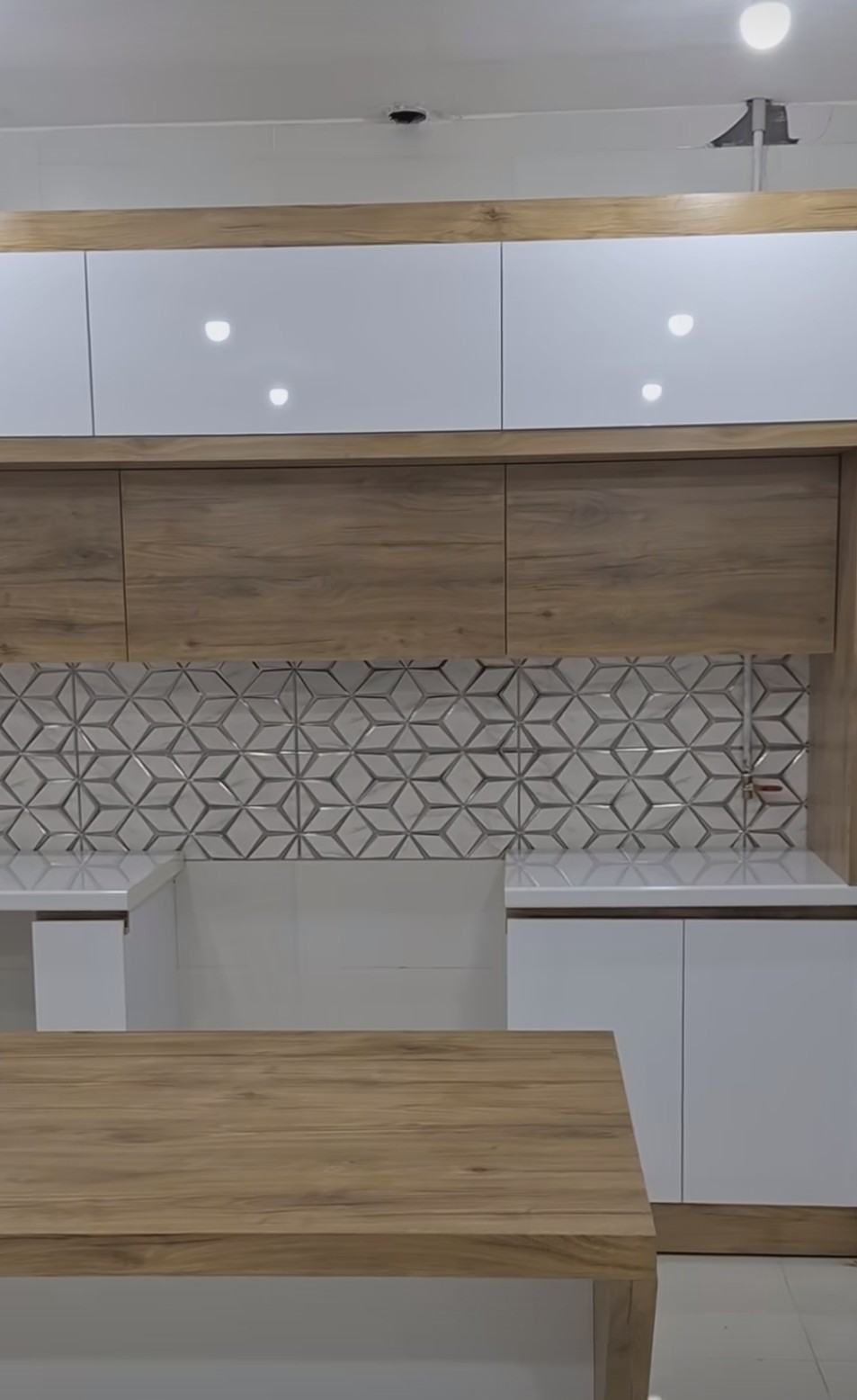 White and Wood Detailed Kitchen Cabinets